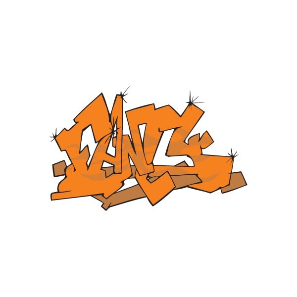 Graffiti sticker with orange and black lettering