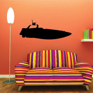 Speedboat wall decal, black motorboat silhouette with cabin detail