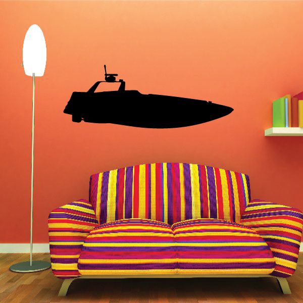 Speedboat wall decal, black motorboat silhouette with cabin detail