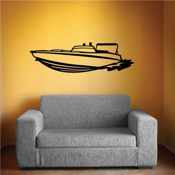 Speedboat silhouette decal with black outline on a wall