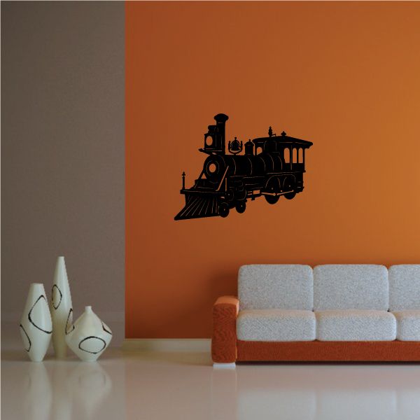 Steam train engine wall decal, black with gold details and front headlamp