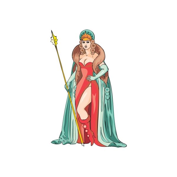 Illustrated woman sticker in red dress and teal cloak, holding a glowing staff