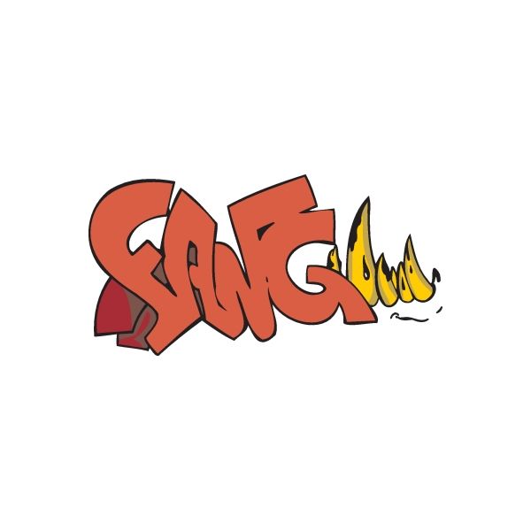 Graffiti sticker with red-orange lettering and yellow flame accents