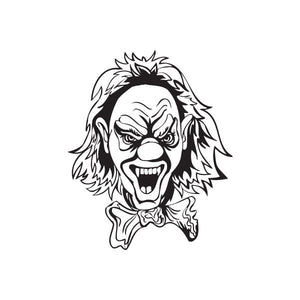 Fanged clown head decal, black-and-white line art with snarling face and bow tie.