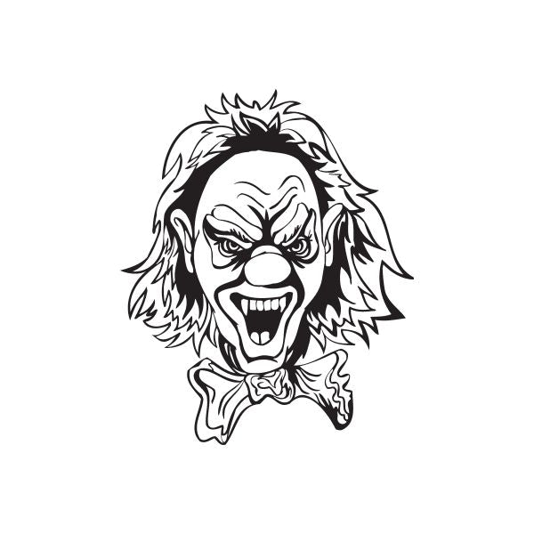 Fanged clown head decal, black-and-white line art with snarling face and bow tie.