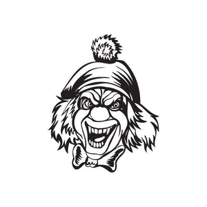 Clown head decal with cap and fanged grin, black-and-white outline