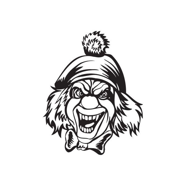 Clown head decal with cap and fanged grin, black-and-white outline