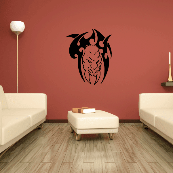 Black fanged tribal mask wall decal with horn-like shapes
