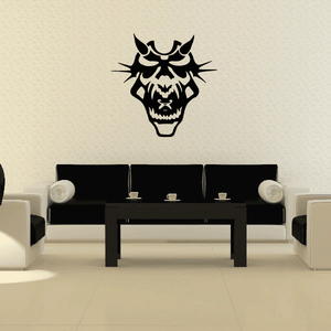 Black oni demon mask decal with horns and fanged grin