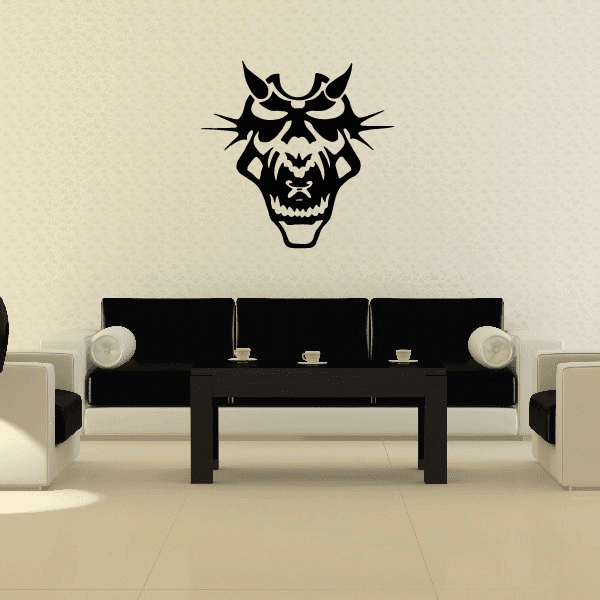 Black oni demon mask decal with horns and fanged grin