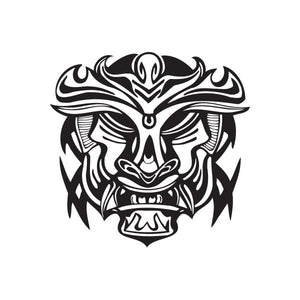 Black fanged tiki beast face decal with tribal flame accents and sharp horns