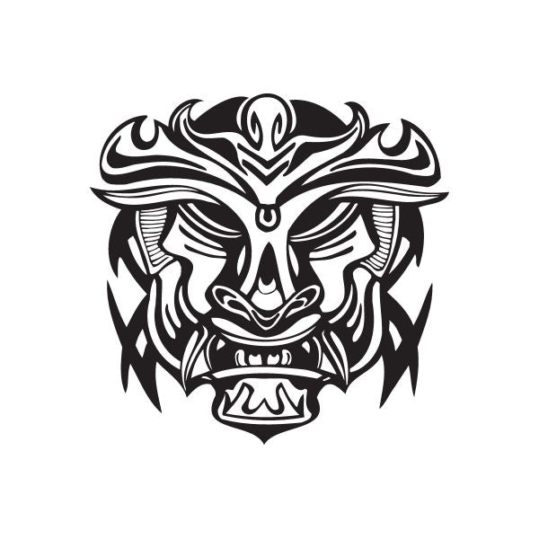 Black fanged tiki beast face decal with tribal flame accents and sharp horns