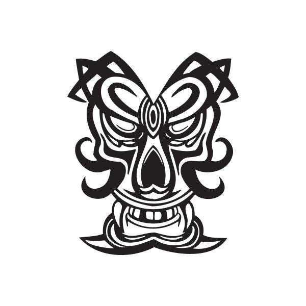 Fanged tiki skull decal in black tribal style with fangs and horn-like shapes