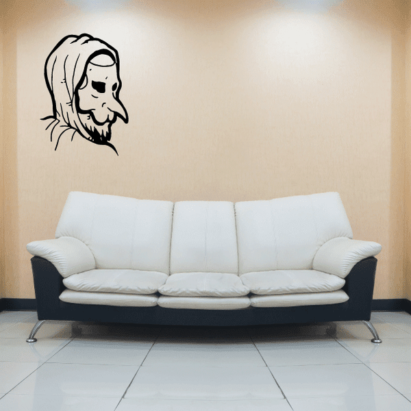 Creepy beaked man face wall decal with hood and beard, black outline on wall