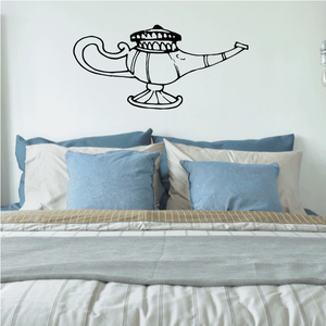 Fantasy wall decal vinyl graphic of a genie lamp with curly smoke and raised arm
