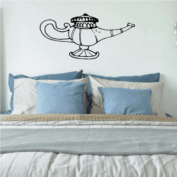 Fantasy wall decal vinyl graphic of a genie lamp with curly smoke and raised arm