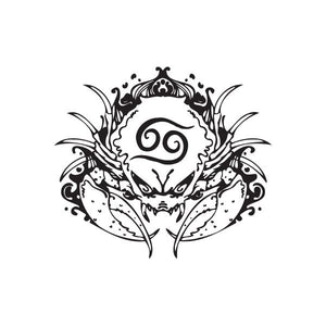 Black ornate Cancer crab tattoo decal with circular emblem and claw-like details