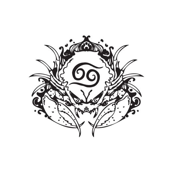 Black ornate Cancer crab tattoo decal with circular emblem and claw-like details