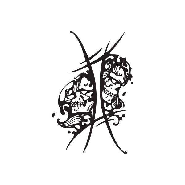 Skull tattoo decal, black-and-white mirrored faces with decorative lines and slash
