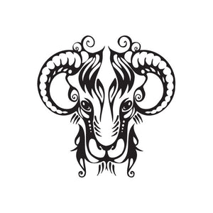 Ram head decal with ornate black flames and curled horns