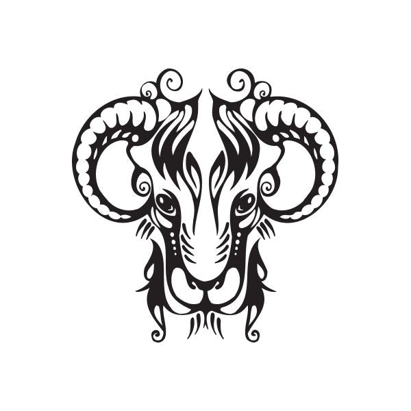 Ram head decal with ornate black flames and curled horns