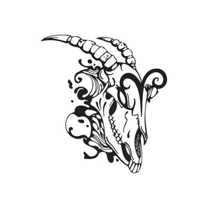 Ram skull decal with ornate line art, black-and-white
