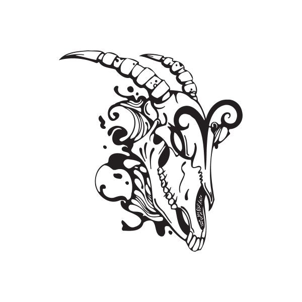 Ram skull decal with ornate line art, black-and-white