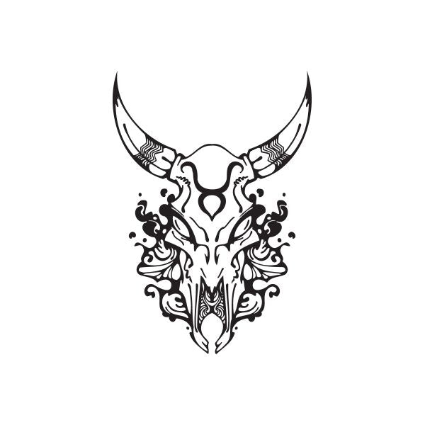 Skull tattoo decal with ornate bull horns, black ink style