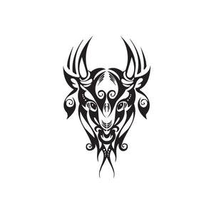 Taurus head tattoo decal, black tribal design with ornate swirls