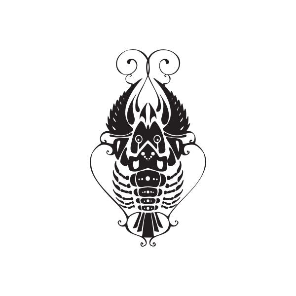 Black and white cancer lobster tattoo decal, ornate line art with two antennae