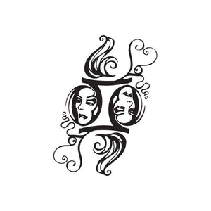 Gemini-style faces tattoo decal, black and white swirls with two profile faces