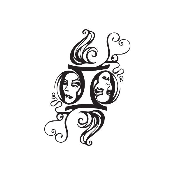 Gemini-style faces tattoo decal, black and white swirls with two profile faces