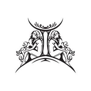 Gemini sitting figures tattoo decal, black symmetrical seated line art