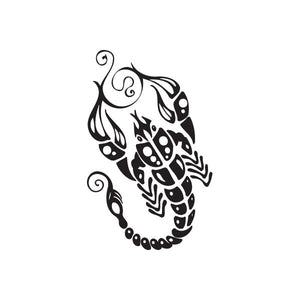 Black tribal scorpion tattoo decal design with swirling tribal details