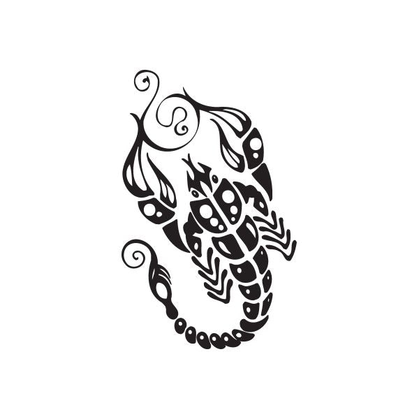 Black tribal scorpion tattoo decal design with swirling tribal details