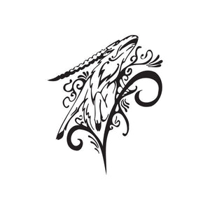 Tattoo decal: black-and-white ram head with ornate tribal flourish