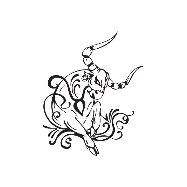 Taurus bull tattoo decal with black line-art bull and swirling ornamental accents