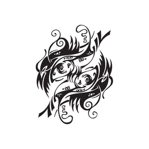 Artistic fish decal with Pisces swirls, black ink design