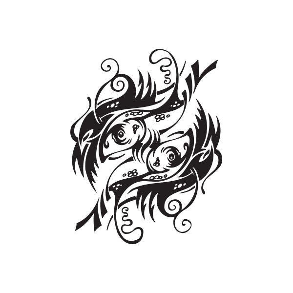 Artistic fish decal with Pisces swirls, black ink design