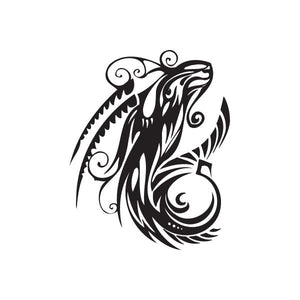 Capricorn tattoo decal, black tribal-style goat head with decorative swirls
