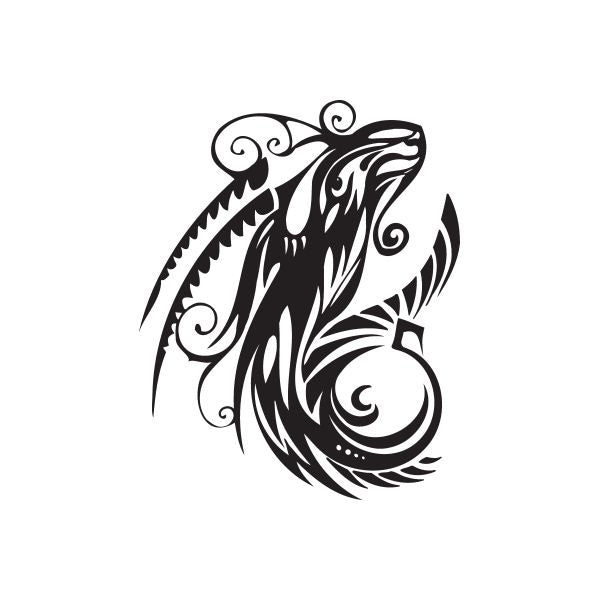 Capricorn tattoo decal, black tribal-style goat head with decorative swirls