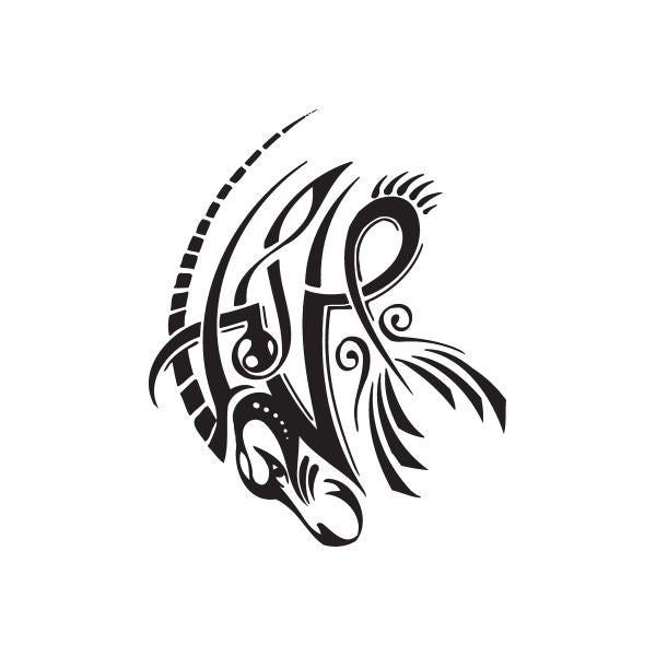 Black tribal-style Capricorn head tattoo decal with curved horns and ornate face