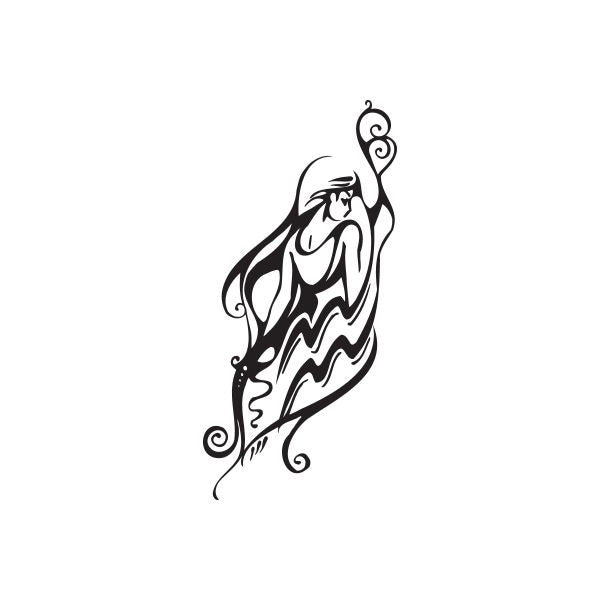 Aquarius priestess decal, black line-art woman with raised hand and ornamental staff
