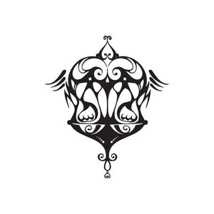 Libra scales tattoo decal, black ornate symmetrical skull and wing design