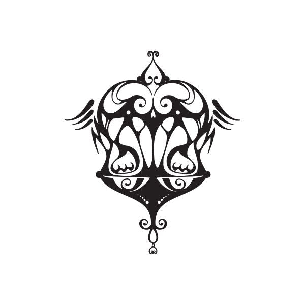 Libra scales tattoo decal, black ornate symmetrical skull and wing design