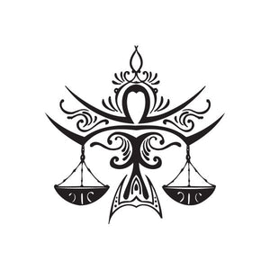 Libra zodiac scales decal, ornate black symbol with balanced scales and decorative curls
