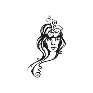Virgo face decal with black line-art woman and ornate Virgo zodiac hair design