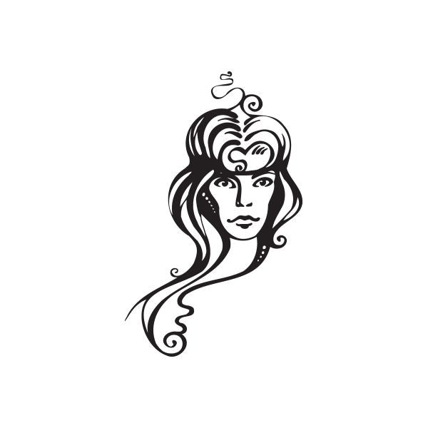Virgo face decal with black line-art woman and ornate Virgo zodiac hair design