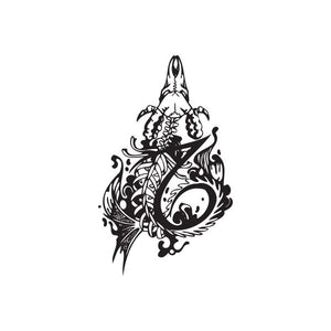 Capricorn skull tattoo decal with ornate black-and-white flame and curl design