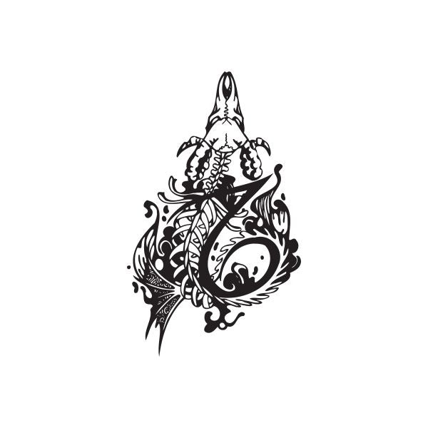 Capricorn skull tattoo decal with ornate black-and-white flame and curl design
